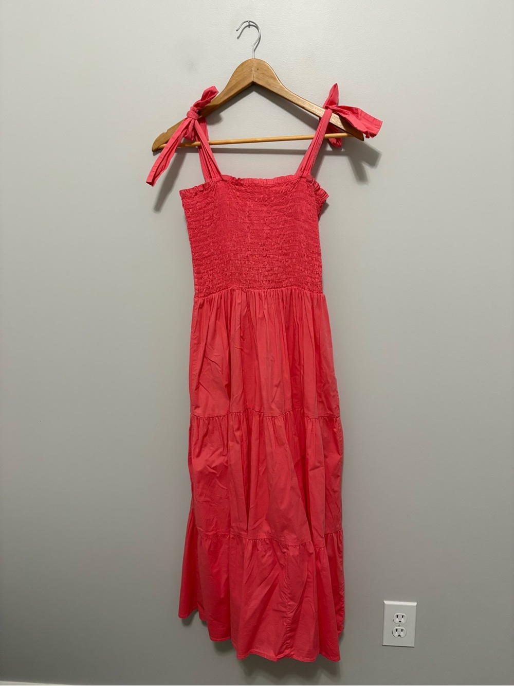 S’edge Cotton Tie-Shoulder Smocked Tiered Maxi Dress in Coral Pink